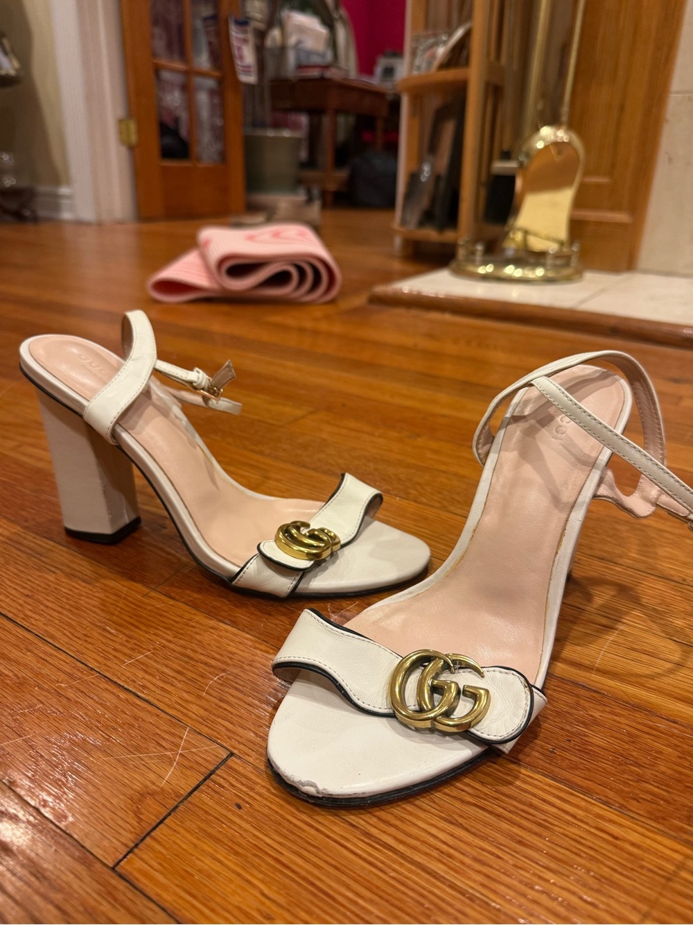 Gucci Marmont White Leather Double GG Block Heel Ankle Strap Sandals EU 41